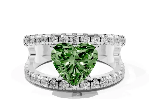 Fancy Green Heart Cut Solitaire Split Shank Pave Diamond Ring White gold