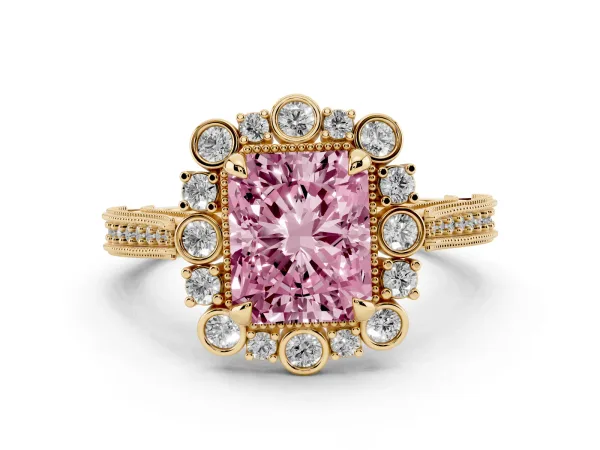 Fancy Pink Radiant Cut Halo Milgrain Pave Diamond Ring with Four-Prong Setting Yellow gold