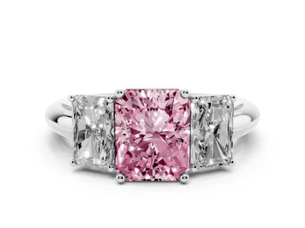 Fancy Pink Three-Stone Radiant Cut Cut Diamond Engagement Ring with Prong Setting on a White Gold Band White gold