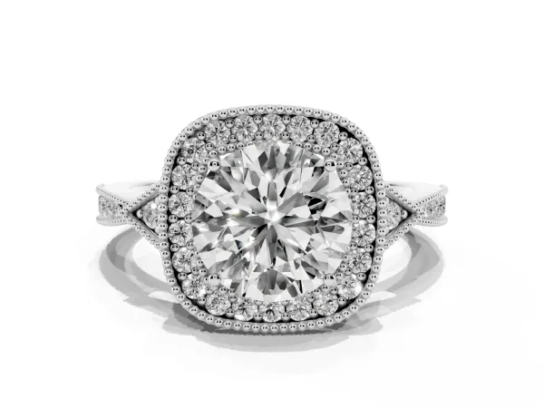 Round Cut Halo Round Diamond Milgrain Pave Engagement Ring Platinum