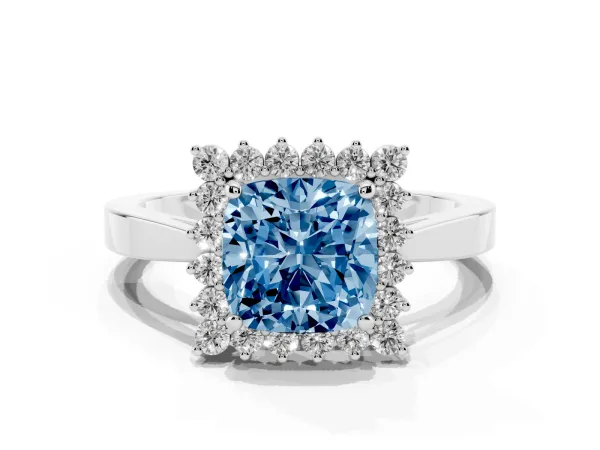 Fancy Blue Cushion Cut Cut Diamond Halo Ring with Round Brilliant Halo and Solitaire Band White gold