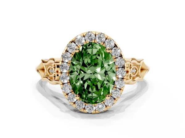Fancy Green Oval Cut Halo Diamond Engagement Ring with Filigree Band and Four-Prong Setting Yellow gold