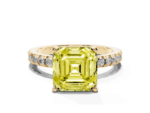Fancy Yellow Asscher Cut Diamond Pavé Band Solitaire with Four-Prong Setting Yellow gold