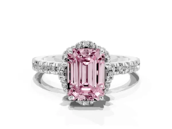 Fancy Pink Emerald Cut Diamond Halo Pave Band with Four-Prong Setting White gold