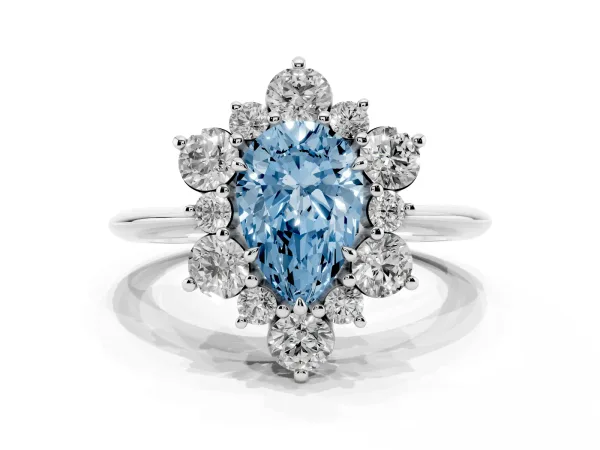 Fancy Blue Pear Cut Diamond Cluster Halo Ring with Solitaire Band and Four-Prong Setting Platinum