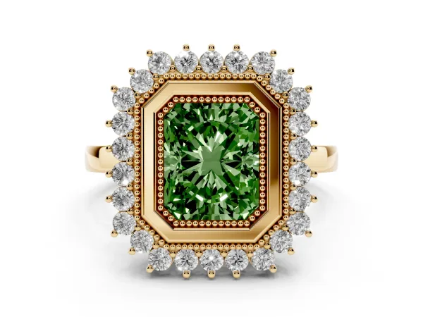 Fancy Green Radiant Cut Halo Diamond Ring with Milgrain Edge and Round Prong Setting Yellow gold