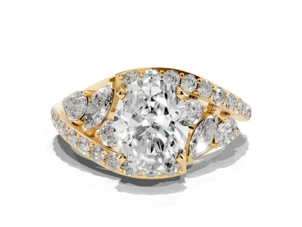 Oval Cut Diamond Halo Ring with Marquise and Pavé Band in Prong Setting Yellow gold