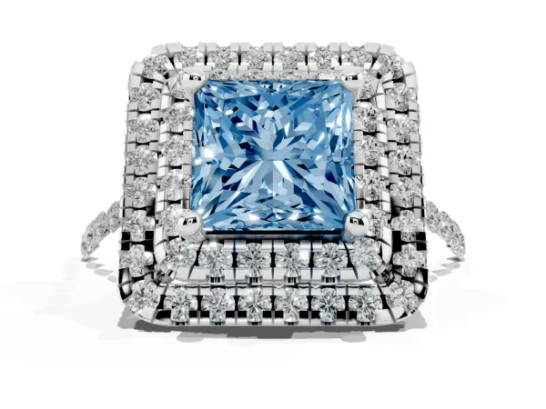 Fancy Blue Double Halo Princess Cut Diamond Pavé Band with Four-Prong Setting Platinum