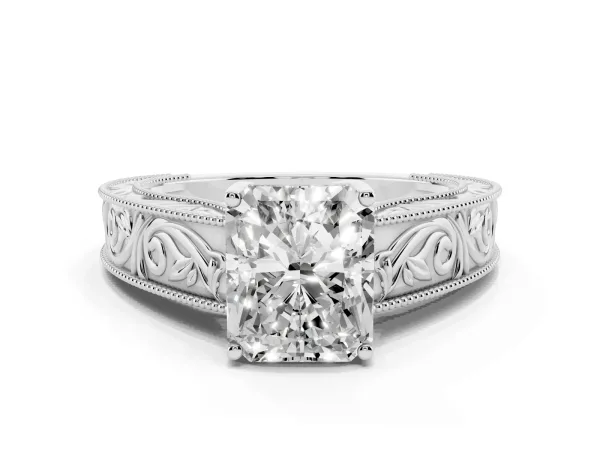 Radiant Cut Diamond Solitaire Ring with Engraved Band and Four-Prong Setting Platinum
