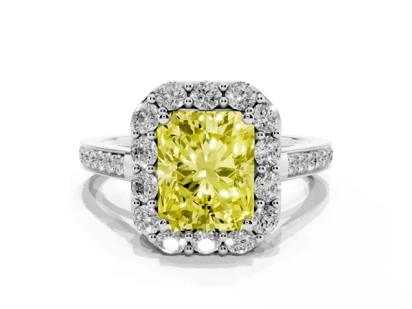 Fancy Yellow Radiant Cut Diamond Floral Halo Ring with Pavé Band and Prong Setting Platinum