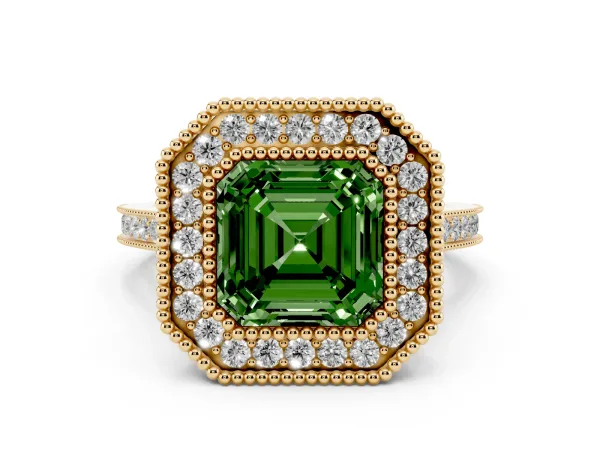 Fancy Green Asscher Cut Diamond Halo Ring with Milgrain Frame and Pavé Band Yellow gold