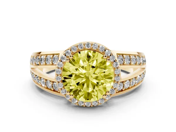 Fancy Yellow Round Cut Diamond Halo Ring with Split Shank Pavé Band and Four-Prong Setting Yellow gold