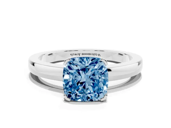 Fancy Blue Cushion Cut Cut Solitaire Ring with Four-Prong Setting and Classic Band Platinum