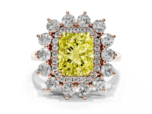 Fancy Yellow Radiant Cut Diamond Floral Double Halo Engagement Ring with Prong Setting Rose gold