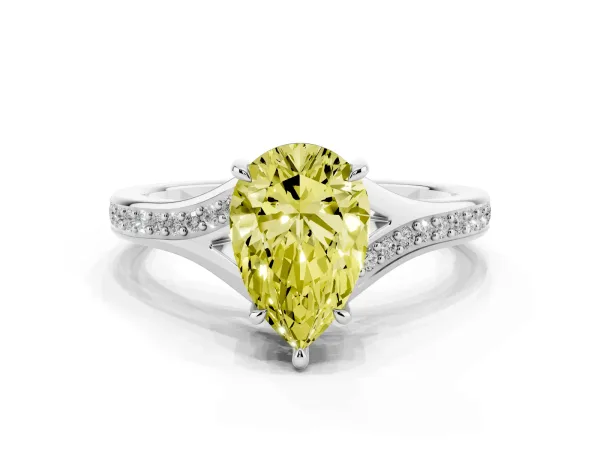 Fancy Yellow Pear Cut Diamond Solitaire Ring with Pavé Band and Prong Setting White gold