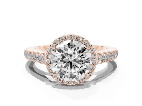 Round Cut Cut Halo Diamond Engagement Ring with Pave Band and Four-Prong Setting Rose gold