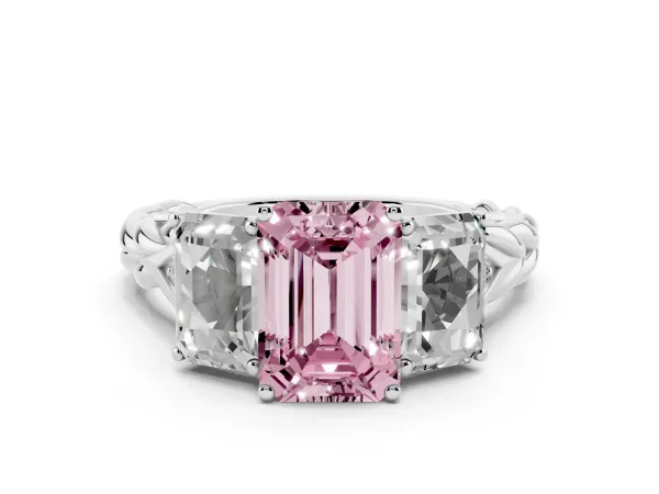 Fancy Pink Three-Stone Emerald Cut Diamond Braided Band Ring with Four-Prong Setting White gold