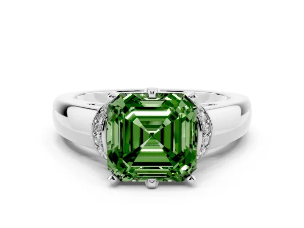 Fancy Green Asscher Cut Solitaire Diamond Ring with Pave Band and Six-Prong Setting White gold