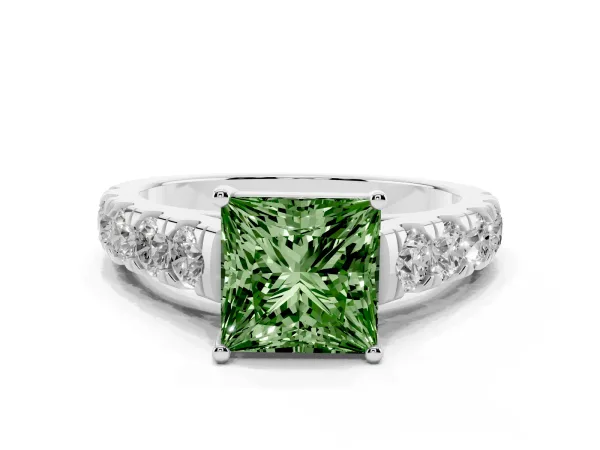 Fancy Green Princess Cut Cut Diamond Solitaire Ring with Micro Pave Band and Prong Setting Platinum