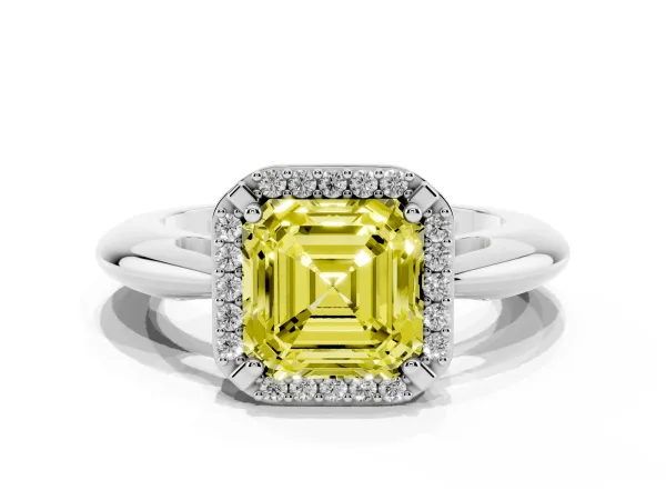 Fancy Yellow Asscher Cut Cut Diamond Halo Engagement Ring with Split Shank and Four-Prong Setting Platinum