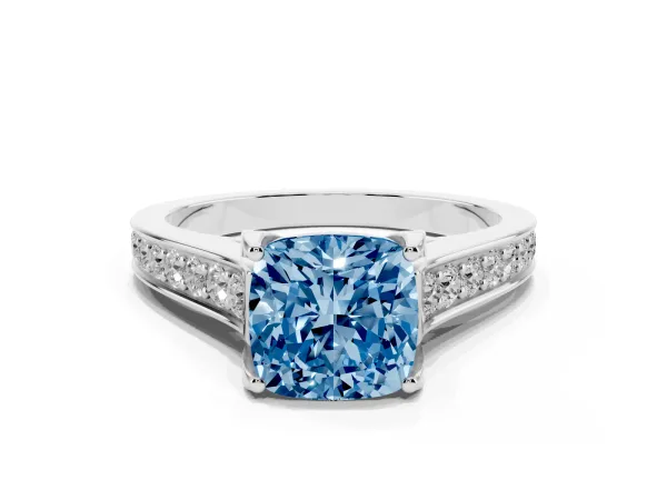 Fancy Blue Cushion Cut Brilliant Cut Diamond Engagement Ring with Pavé Band and Four-Prong Setting White gold