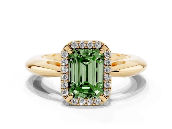 Fancy Green Emerald Cut Cut Diamond Halo Engagement Ring with Split Shank and Four-Prong Setting Yellow gold