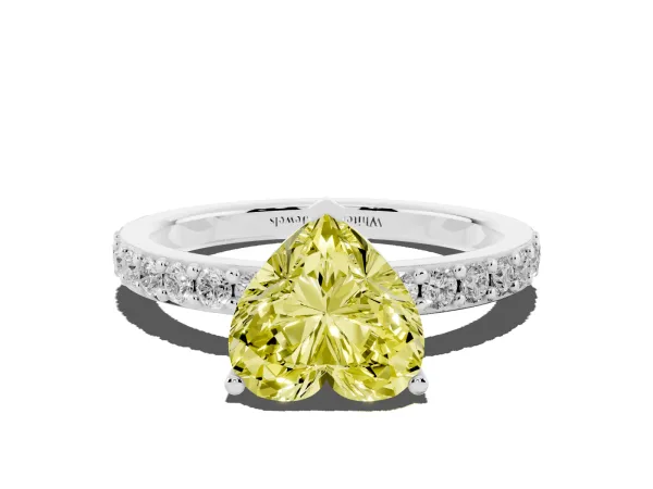 Fancy Yellow Heart Cut Cut Diamond Solitaire with Pave Band and Four-Prong Setting White gold