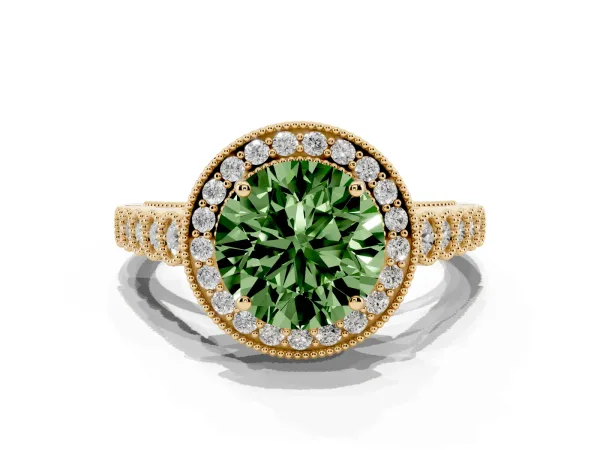 Fancy Green Round Cut Halo Milgrain Solitaire with Bezel Set Side Stones and Pave Band Yellow gold