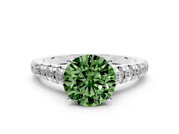 Fancy Green Round Cut Diamond Cathedral Solitaire Ring with Round Pavé Band Platinum