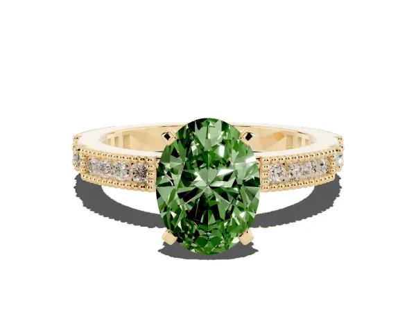 Fancy Green Oval Cut Solitaire with Pavé Band and Four-Prong Setting Yellow gold