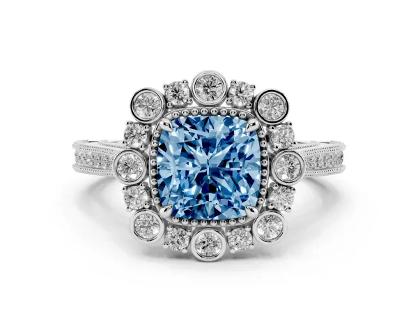 Fancy Blue Cushion Cut Halo Milgrain Pave Diamond Ring with Four-Prong Setting White gold