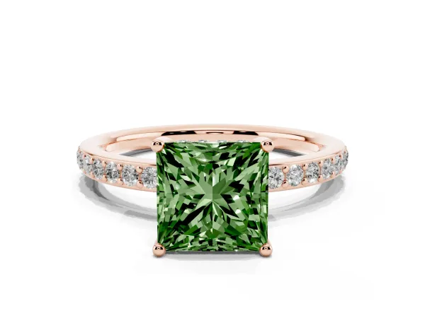 Fancy Green Princess Cut Cut Diamond Pavé Band Ring with Four-Prong Setting Rose gold