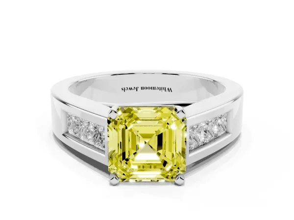 Fancy Yellow Asscher Cut Cut Channel Set Solitaire Ring with Four-Prong Setting Platinum