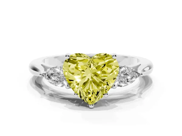 Fancy Yellow Three-Stone Heart Cut Brilliant Diamond Solitaire Ring with Tapered Band and Four-Prong Setting White gold