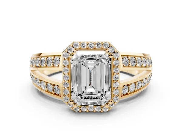 Emerald Cut Diamond Halo Ring with Split Shank Pavé Band and Four-Prong Setting Yellow gold