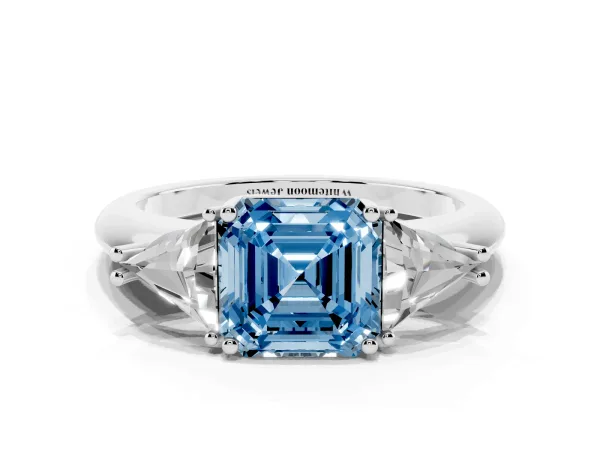 Fancy Blue Three-Stone Asscher Cut Diamond Engagement Ring with Trillion Side Stones and Prong Setting Platinum