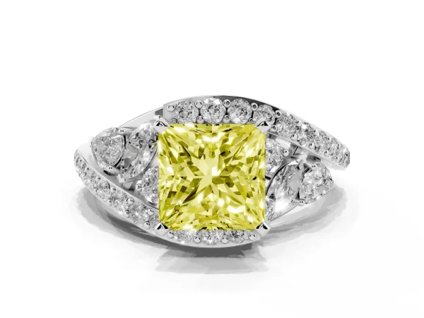 Fancy Yellow Princess Cut Diamond Halo Ring with Marquise and Pavé Band in Prong Setting Platinum