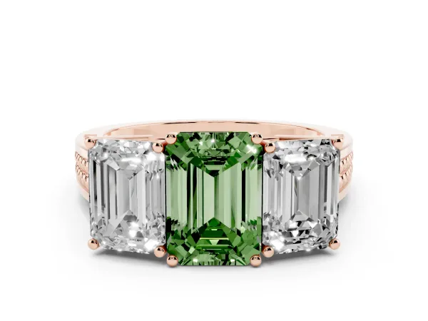 Fancy Green Emerald Cut Diamond Three-Stone Ring with Prong Setting and Textured Band Rose gold