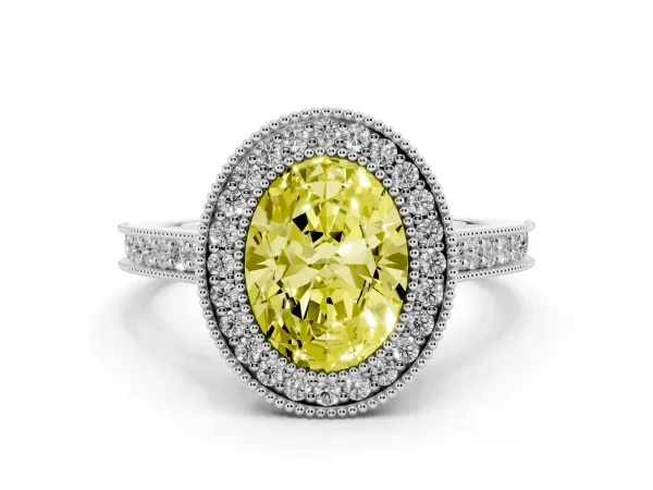 Fancy Yellow Halo Oval Cut-Cut Diamond Pave Band Milgrain Prong Setting Ring White gold