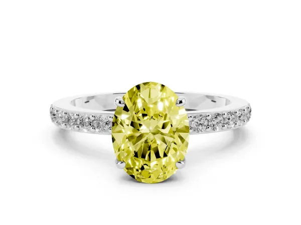 Fancy Yellow Oval Cut Diamond Pavé Engagement Ring with Round Accents and Prong Setting Platinum
