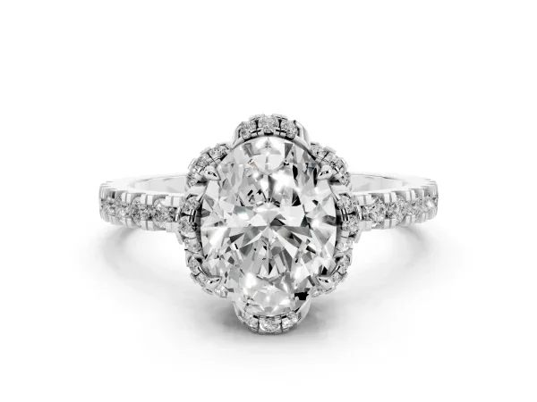 Oval Cut Halo Diamond Pave Band Ring with Four-Prong Setting White gold