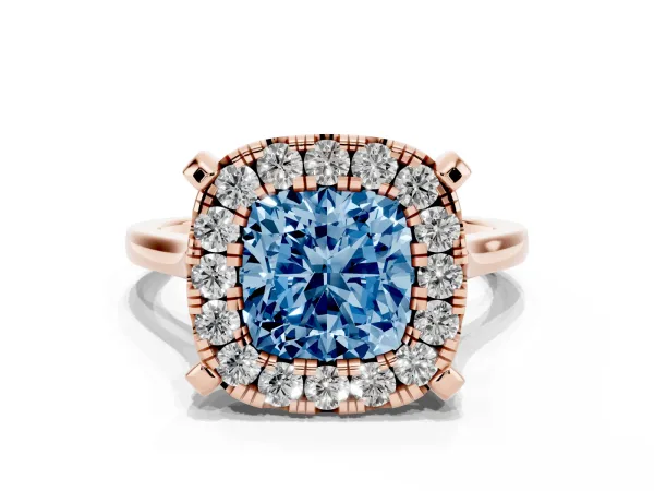 Fancy Blue Cushion Cut Diamond Cluster Halo Solitaire with Four-Prong Setting Rose gold