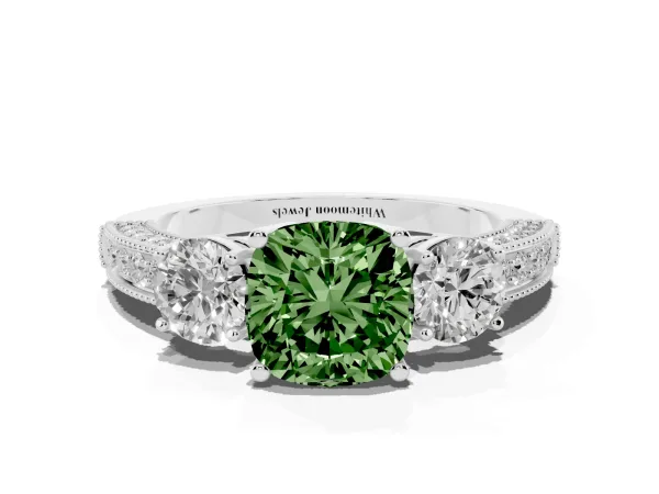 Fancy Green Cushion Cut Three-Stone Diamond Ring with Pavé Band and Four-Prong Setting Platinum