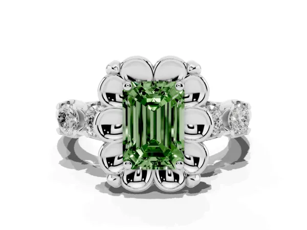 Fancy Green Emerald Cut Cut Diamond Floral Halo Engagement Ring with Shared Prong Setting Platinum