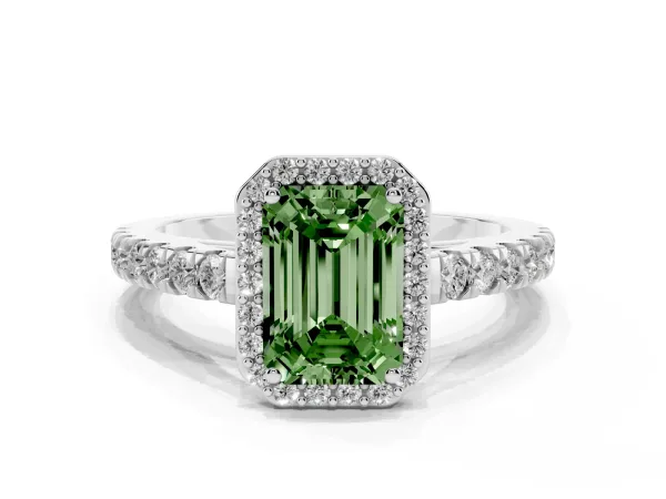 Fancy Green Emerald Cut Cut Halo Diamond Engagement Ring with Pave Band and Four-Prong Setting White gold