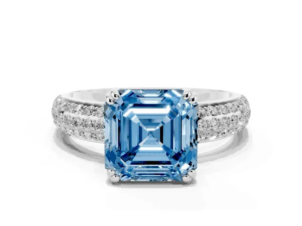 Fancy Blue Asscher Cut Diamond Solitaire Ring with Multi-Row Round Pavé Band and Prong Setting White gold
