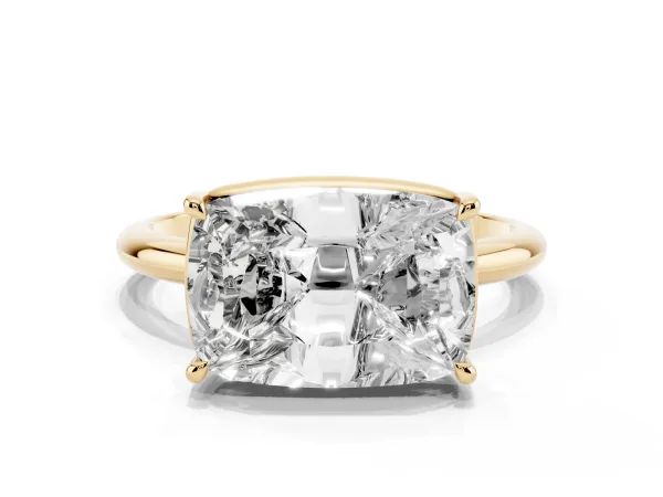 Old Mine Elongated Cushion Diamond East-West Bezel Set Four Claw Solitaire Ring Yellow gold