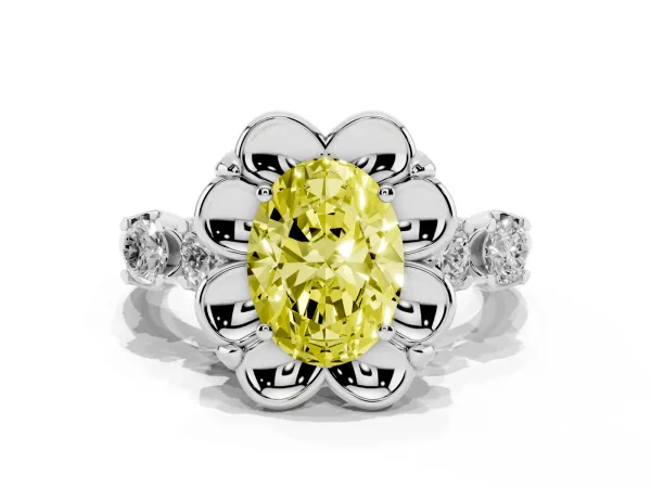 Fancy Yellow Oval Cut Cut Diamond Floral Halo Engagement Ring with Shared Prong Setting Platinum