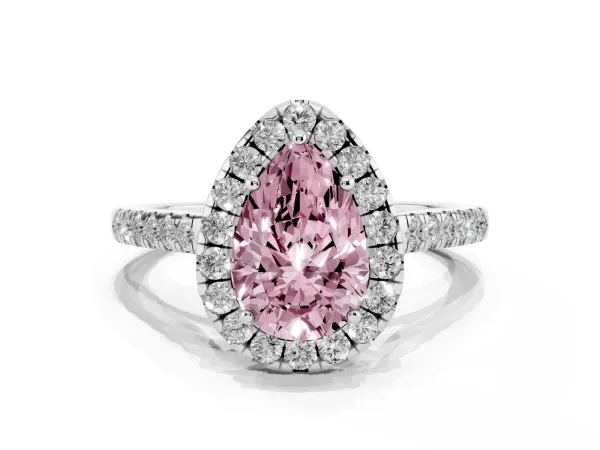 Fancy Pink Pear Cut Halo Pave Diamond Engagement Ring with Four-Prong Setting Platinum
