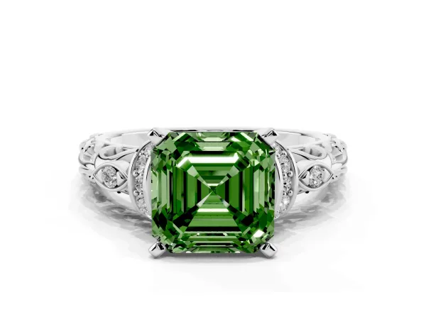 Fancy Green Asscher Cut Diamond Solitaire Ring with Filigree Band and Four-Prong Setting Platinum